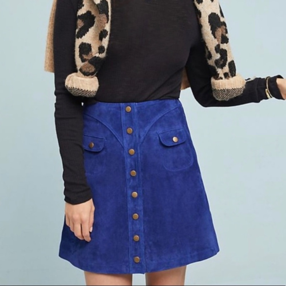 Anthropologie Blue Suede Button-front Mini Skirt